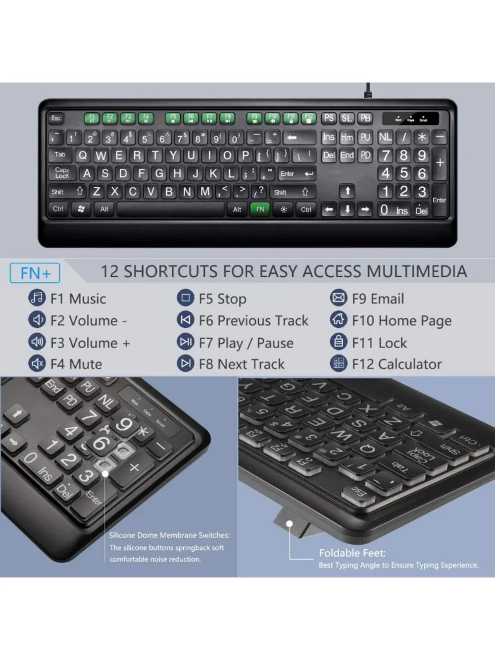 Large Print Backlit USB Wired Keyboard for Windows, PC & Gaming - Full Size, LED